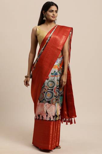 Beautiful Kalamkari Digital Print Sareewith Heavy Rich Zari & Red Color Blouse