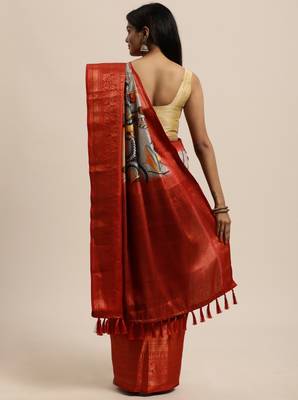 Beautiful Kalamkari Digital Print Sareewith Heavy Rich Zari & Red Color Blouse 3