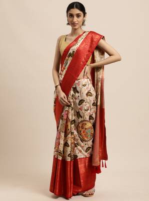 Beautiful Beige Color Kalamkari Digital Print Sareewith Heavy Rich Zari & Red Color Blouse 1