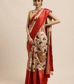 Beautiful Beige Color Kalamkari Digital Print Sareewith Heavy Rich Zari & Red Color Blouse