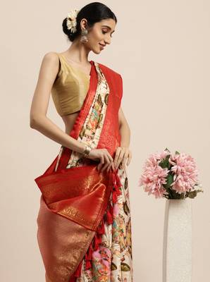 Beautiful Beige Color Kalamkari Digital Print Sareewith Heavy Rich Zari & Red Color Blouse 2