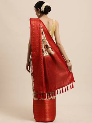Beautiful Beige Color Kalamkari Digital Print Sareewith Heavy Rich Zari & Red Color Blouse 3