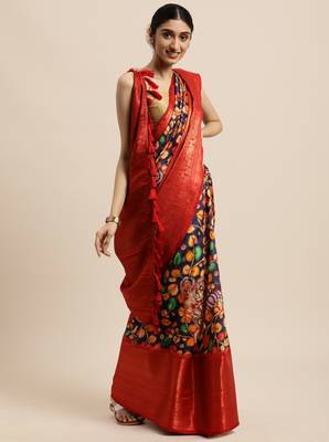 Beautiful Navy Blue Color Kalamkari Digital Print Sareewith Heavy Rich Zari & Red Color Blouse 1