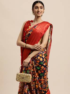 Beautiful Navy Blue Color Kalamkari Digital Print Sareewith Heavy Rich Zari & Red Color Blouse 2