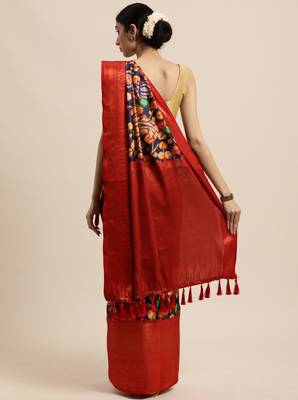 Beautiful Navy Blue Color Kalamkari Digital Print Sareewith Heavy Rich Zari & Red Color Blouse 3