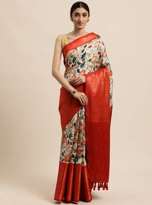 Beautiful Kalamkari Digital Print Sareewith Heavy Rich Zari & Red Color Blouse 1