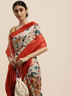 Beautiful Kalamkari Digital Print Sareewith Heavy Rich Zari & Red Color Blouse 2