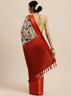 Beautiful Kalamkari Digital Print Sareewith Heavy Rich Zari & Red Color Blouse 3