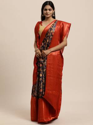 Beautiful Navy Blue Kalamkari Digital Print Sareewith Heavy Rich Zari & Red Color Blouse 1