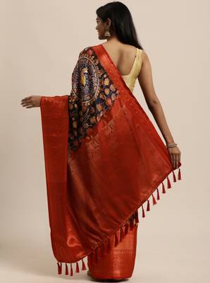 Beautiful Navy Blue Kalamkari Digital Print Sareewith Heavy Rich Zari & Red Color Blouse 3