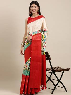 Most Demanding Kalamkari Digital Print Saree With Heavy Rich Zari Border & Blouse 1