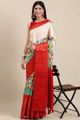 Most Demanding Kalamkari Digital Print Saree With Heavy Rich Zari Border & Blouse