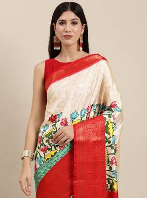 Most Demanding Kalamkari Digital Print Saree With Heavy Rich Zari Border & Blouse 2