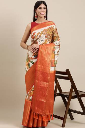 Most Demanding Kalamkari Digital Print Saree With Heavy Rich Zari Border & Blouse