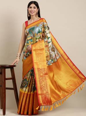 Most Demanding Kalamkari Digital Print Saree With Heavy Rich Zari Border & Blouse 1