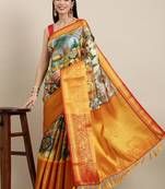 Most Demanding Kalamkari Digital Print Saree With Heavy Rich Zari Border & Blouse