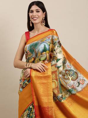 Most Demanding Kalamkari Digital Print Saree With Heavy Rich Zari Border & Blouse 2