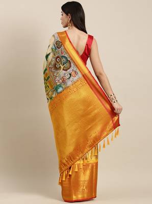 Most Demanding Kalamkari Digital Print Saree With Heavy Rich Zari Border & Blouse 3