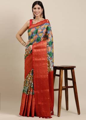 Most Demanding Kalamkari Digital Print Saree With Heavy Rich Zari Border & Blouse 1