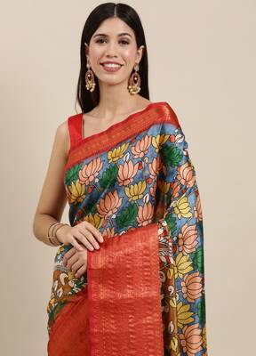 Most Demanding Kalamkari Digital Print Saree With Heavy Rich Zari Border & Blouse 2