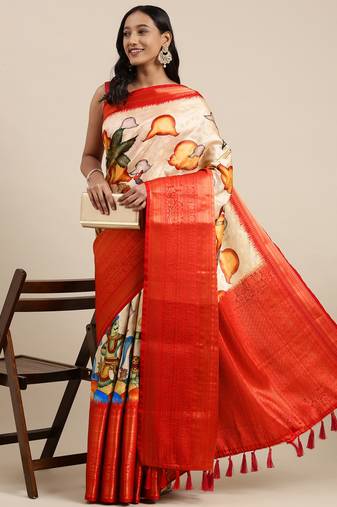 Most Demanding Kalamkari Digital Print Saree With Heavy Rich Zari Border & Blouse