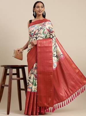 Beautiful Kalamkari Digital Print Sareewith Heavy Rich Zari & Red Color Blouse 1