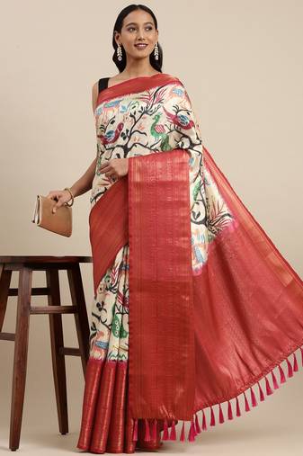 Beautiful Kalamkari Digital Print Sareewith Heavy Rich Zari & Red Color Blouse