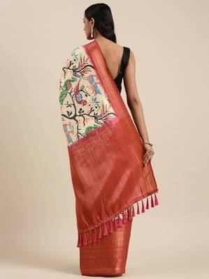Beautiful Kalamkari Digital Print Sareewith Heavy Rich Zari & Red Color Blouse 2