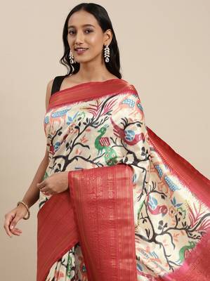Beautiful Kalamkari Digital Print Sareewith Heavy Rich Zari & Red Color Blouse 3
