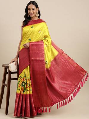 Beautiful Kalamkari Digital Print Sareewith Heavy Rich Zari & Red Color Blouse 1