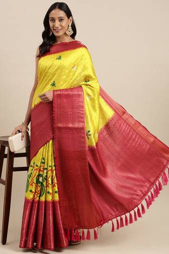 Beautiful Kalamkari Digital Print Sareewith Heavy Rich Zari & Red Color Blouse