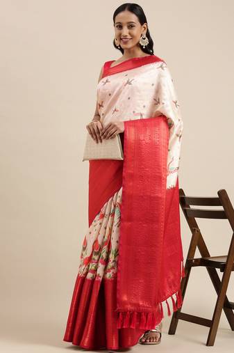 Beautiful Kalamkari Digital Print Sareewith Heavy Rich Zari & Red Color Blouse