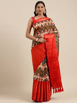 Beautiful Kalamkari Digital Print Sareewith Heavy Rich Zari & Red Color Blouse 1