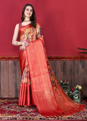 Most Demanding Kalamkari Digital Print Saree With Heavy Rich Zari Border & Blouse 1