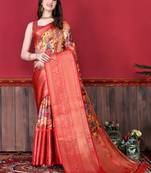 Most Demanding Kalamkari Digital Print Saree With Heavy Rich Zari Border & Blouse