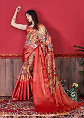Most Demanding Kalamkari Digital Print Saree With Heavy Rich Zari Border & Blouse 2