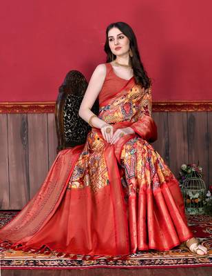 Most Demanding Kalamkari Digital Print Saree With Heavy Rich Zari Border & Blouse 3