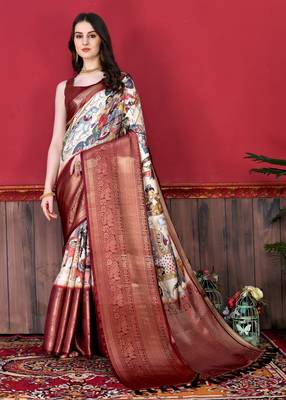 White and Red Kalamkari Printed Saree 1