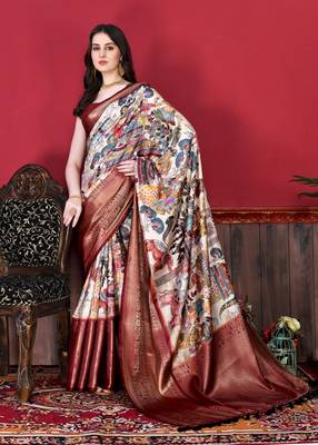 White and Red Kalamkari Printed Saree 2