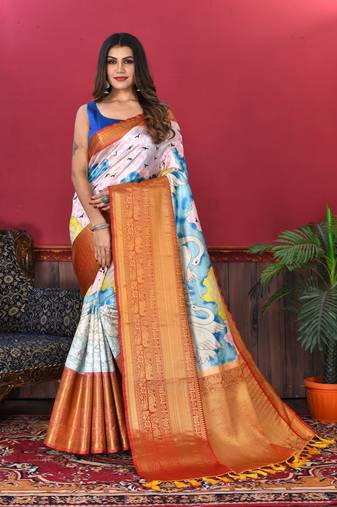 Most Demanding Kalamkari Digital Print Saree With Heavy Rich Zari Border & Blouse
