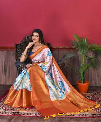 Most Demanding Kalamkari Digital Print Saree With Heavy Rich Zari Border & Blouse 2