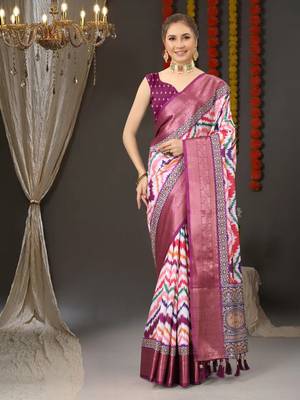 Charming Zigzag Digital Print Saree With Heavy Rich Zari Border & Blouse 1