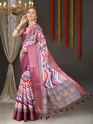 Charming Zigzag Digital Print Saree With Heavy Rich Zari Border & Blouse 2