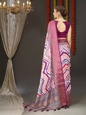 Charming Zigzag Digital Print Saree With Heavy Rich Zari Border & Blouse 3