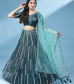 Teal Pure Georgette Sequinse Work Semi-Stitched Lehenga & Unstitched Blouse with Dupatta