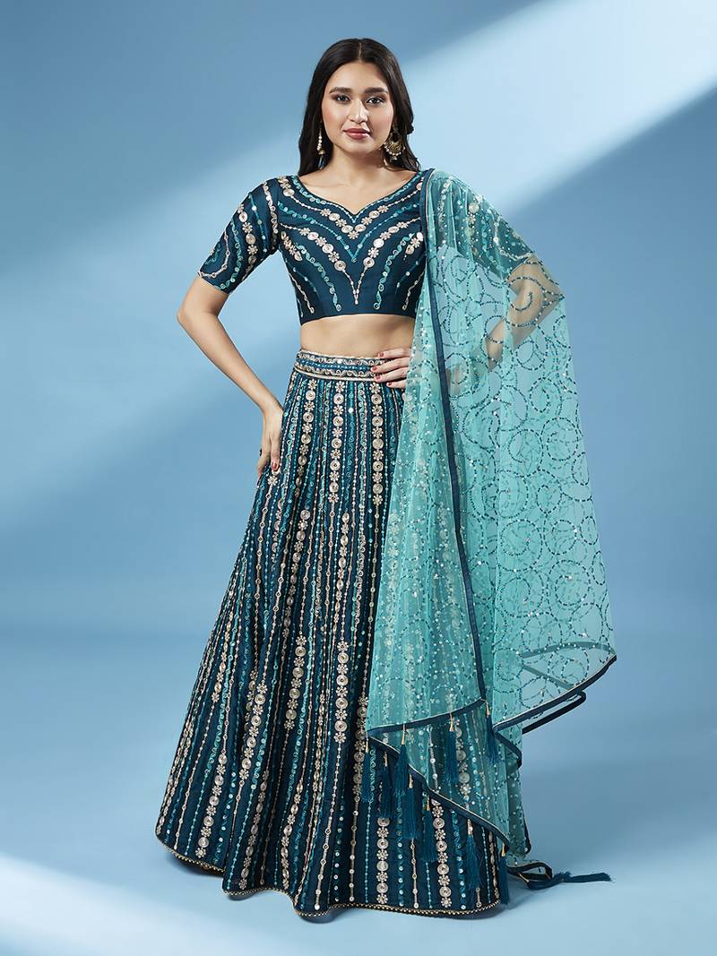 Teal Pure Georgette Sequinse Work Semi-Stitched Lehenga & Unstitched Blouse with Dupatta