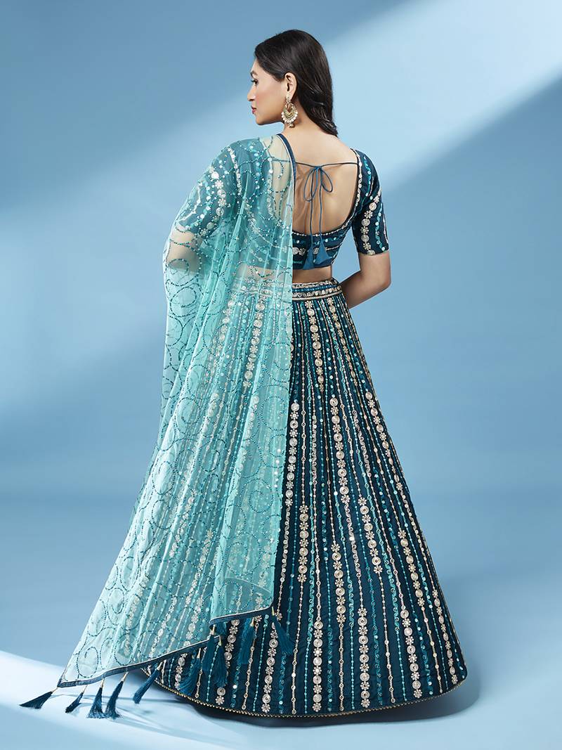 Teal Pure Georgette Sequinse Work Semi-Stitched Lehenga & Unstitched Blouse with Dupatta