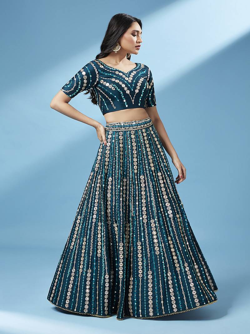 Teal Pure Georgette Sequinse Work Semi-Stitched Lehenga & Unstitched Blouse with Dupatta