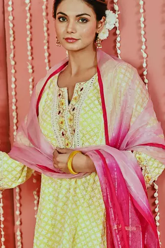 Yellow cotton ethnic kurta set