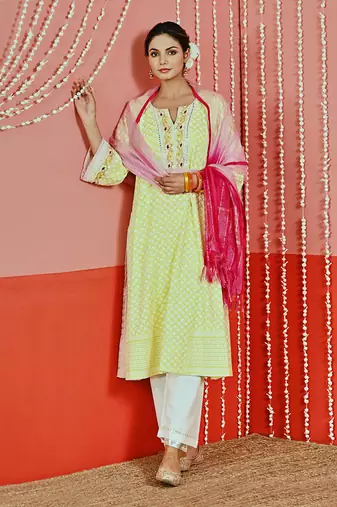 Yellow cotton ethnic kurta set